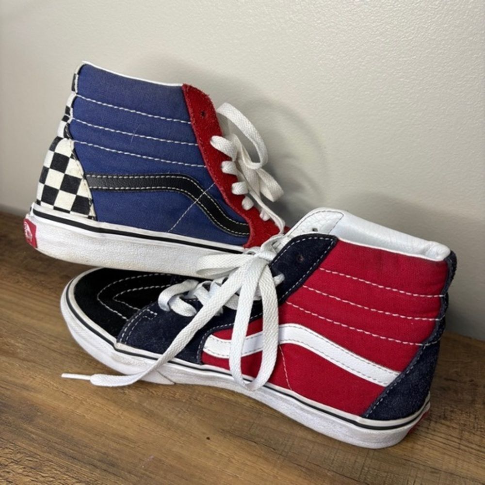 Vans High-Top Skateboard Shoes Sneakers Red Blue White Black Checkered Kids 3
